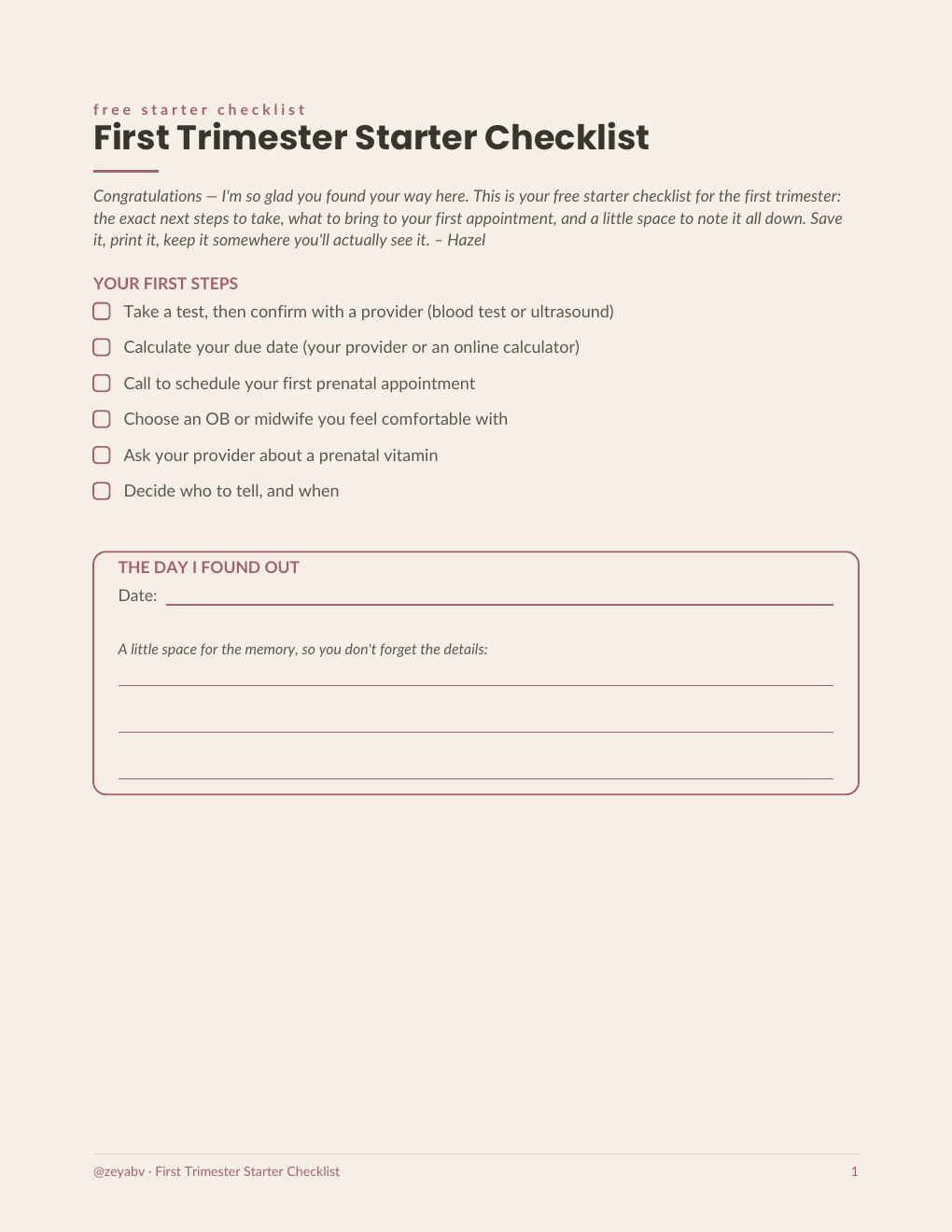 First page of the First Trimester Starter Checklist